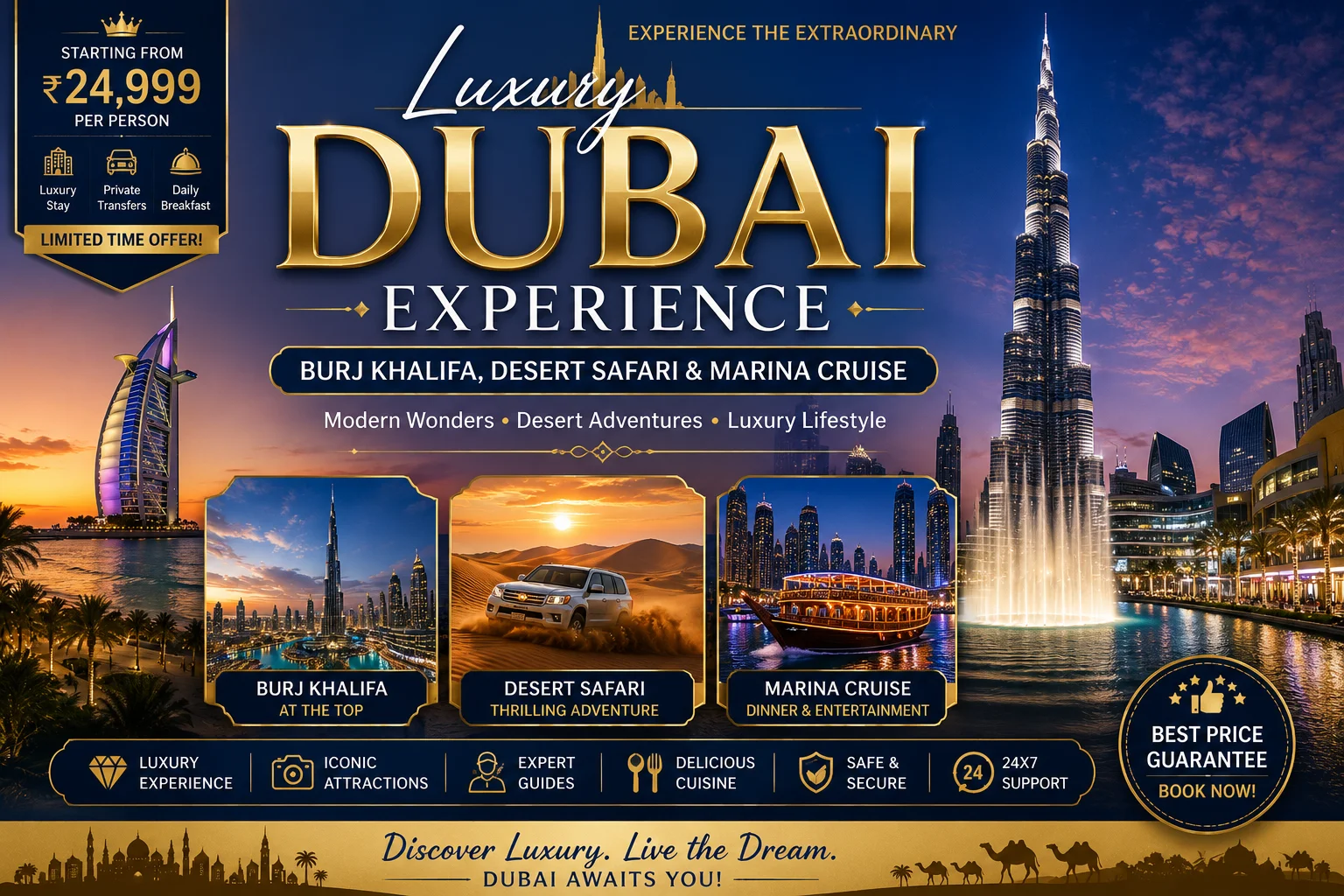 Dubai Luxury Experience - Burj Khalifa, Desert Safari &amp; Marina Cruise